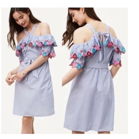 Loft ruffled embroidery off shoulder blue white stiped fiesta halter dress small - Picture 1 of 12